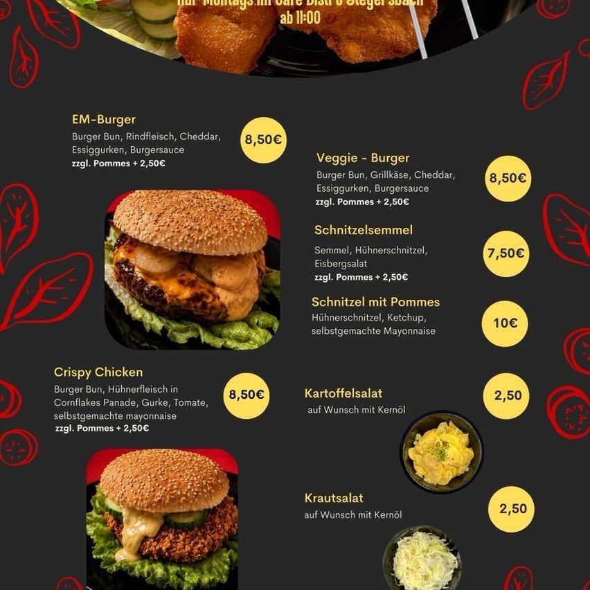 Menü mit verschiedenen Burgeroptionen wie EM-Burger, Veggie-Burger und Crispy Chicken, sowie Beilagen wie Kartoffelsalat und Sauerkraut, alles zum Preis von 8,50 Euro.