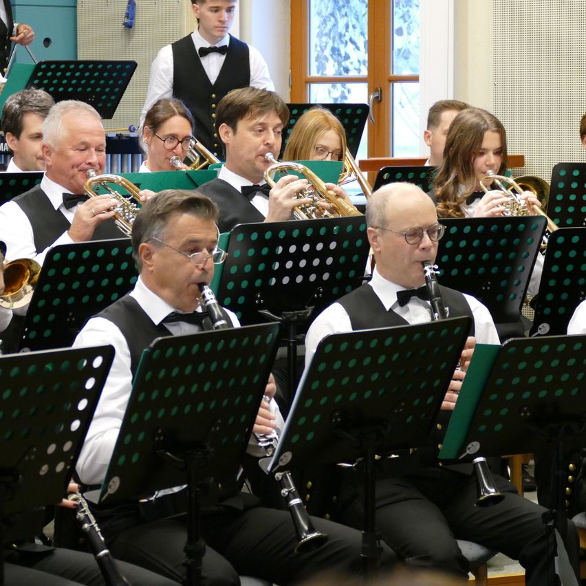 Ein Orchester spielt Musik mit Trompeten und Klarinetten. Sie tragen schwarze Westen und Fliegen. Die Notenständer sind grün.