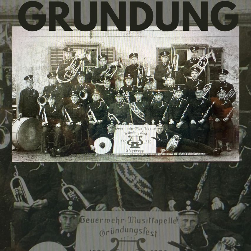Eine Gruppe von Musikern posiert für ein Foto. Der Text 'Grundung' steht in fetten Buchstaben. Die Bandmitglieder halten verschiedene Musikinstrumente. Sie tragen alle Uniformen. Einige von ihnen sitzen auf dem Boden, während andere stehen. Der Hintergrund ist unscharf.