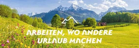 Eine saftige grüne Wiese mit bunten Blumen und einer Bergkette im Hintergrund. Der Textüberlagerung lautet 'Arbeiten, wo andere Urlaub machen'.