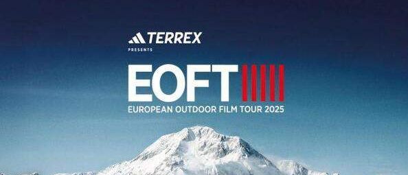 Poster für Terrex präsentiert EOFT 2025, Europäische Outdoor Film Tour. Fünf Männer posieren für ein Foto vor einer verschneiten Bergkette.