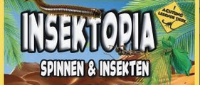 Insektopia Ausstellungsposter mit einer Wüstenlandschaft, Skorpion und Spinne. Der Titel lautet 'Insektopia: Spinnen & Insekten Ausstellung.' Ein Insekt klettert auf einem Blatt über dem Titel.