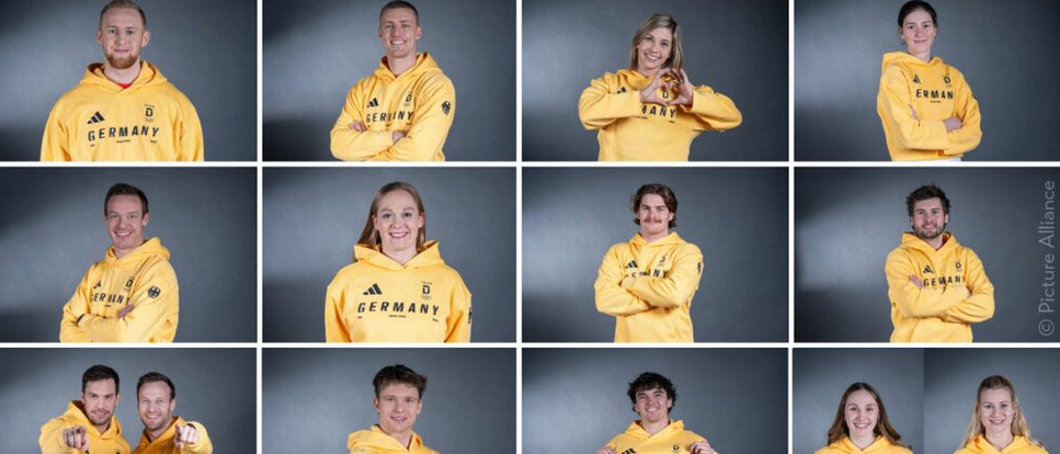 Eine Collage von neun Personen, die gelbe Adidas-Hoodies mit dem Aufdruck Deutschland tragen. Sie alle lächeln und posieren für die Kamera.