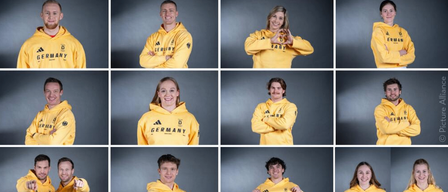 Eine Collage von neun Personen, die gelbe Adidas-Hoodies mit dem Aufdruck Deutschland tragen. Sie alle lächeln und posieren für die Kamera.