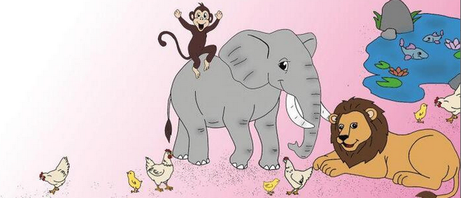 Eine verspielte Szene mit fliegenden Vögeln, einem Affen auf einem Elefanten und einem Löwen, der sich neben Hühnern und einem Teich mit Fischen ausruht.