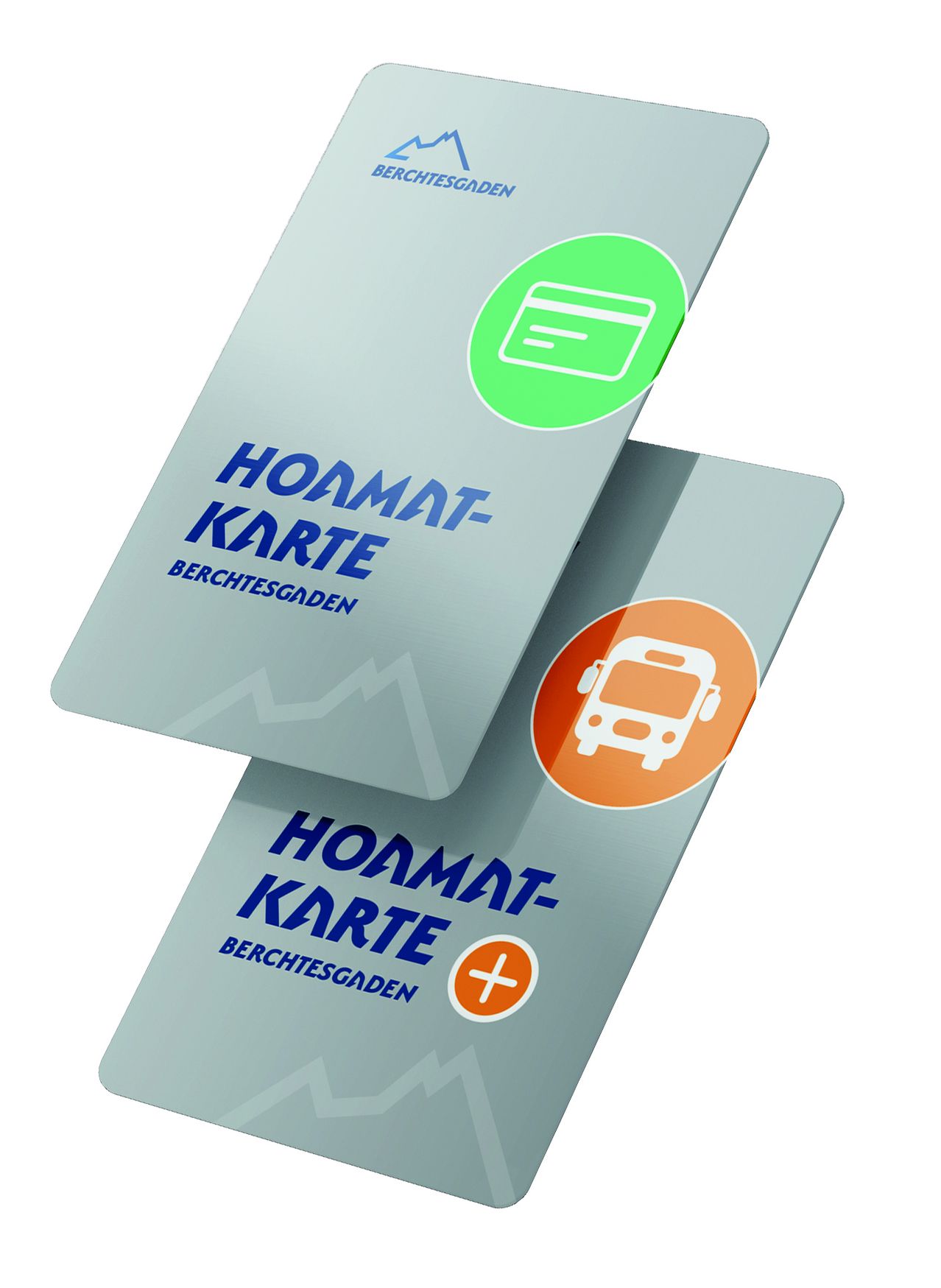 Zwei Heimatkarten von Berchtesgaden auf weißem Hintergrund. Die oberste Karte hat ein Kreditkartensymbol. Die unterste Karte hat ein Bussymbol und ein Pluszeichen.