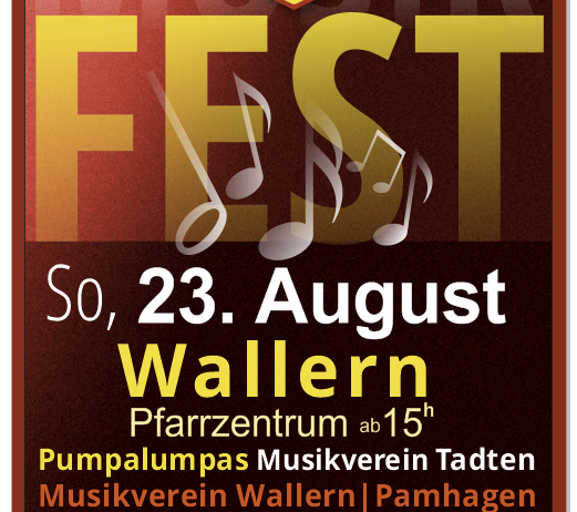 Plakat für ein Musikfestival in Wallern, Österreich, mit musikalischen Noten, dem Datum 23. August und der Zeit 15 Uhr. Es enthält Informationen über Essen, Trinken und eine Tombola. Der Eintritt ist frei.
