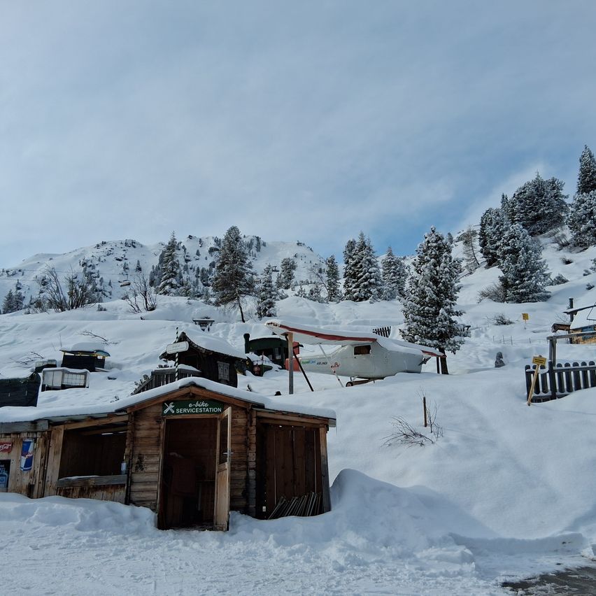 Schneebedeckte Berge mit Kiefern und einem kleinen Holzgebäude. Ein Flugzeug steht im Schnee. Der Himmel ist bewölkt.