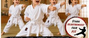 Plakat für einen Karate-Anfängerkurs für Kinder ab 7 Jahren. Das Plakat zeigt vier Kinder in Karate-Uniformen, die lächelnd für ein Foto posieren. Der Text enthält das Startdatum, die Zeit und den Ort des Kurses.