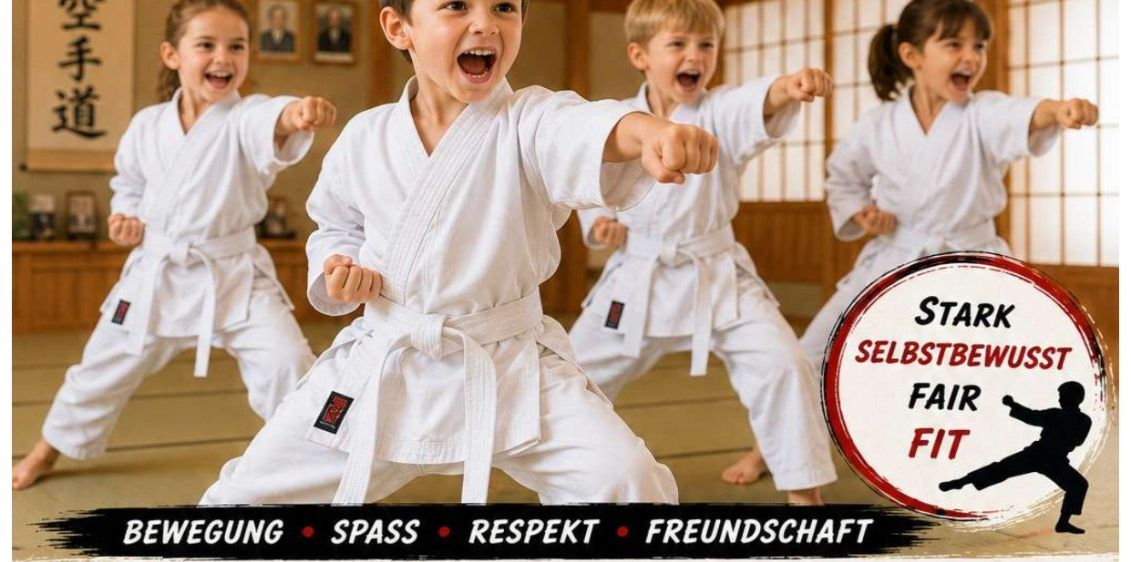 Plakat für einen Karate-Anfängerkurs für Kinder ab 7 Jahren. Das Plakat zeigt vier Kinder in Karate-Uniformen, die lächelnd für ein Foto posieren. Der Text enthält das Startdatum, die Zeit und den Ort des Kurses.