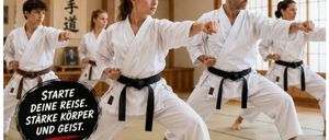 Ein Plakat für einen Anfängerkurs in Karate für Jugendliche und Erwachsene, das eine Gruppe von Menschen zeigt, die Karate in einem Dojo üben. Das Plakat enthält Details zum Startdatum, zur Zeit und zum Ort.