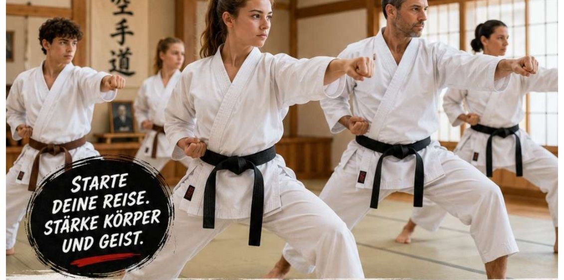 Ein Plakat für einen Anfängerkurs in Karate für Jugendliche und Erwachsene, das eine Gruppe von Menschen zeigt, die Karate in einem Dojo üben. Das Plakat enthält Details zum Startdatum, zur Zeit und zum Ort.