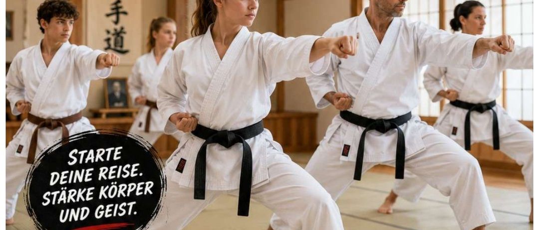 Plakat für einen Anfängerkurs in Karate für Jugendliche und Erwachsene. Das Plakat zeigt eine Gruppe von Menschen in weißen Karateuniformen, die Karate mit Fokus auf Stärke, Körper und Geist üben. Die Veranstaltung beginnt am Montag, 21. September 2026, von 19:10 bis 20:30 Uhr in der Sporthalle der MS Birkfeld.
