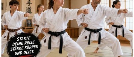 Plakat für einen Anfängerkurs in Karate für Jugendliche und Erwachsene. Das Plakat zeigt eine Gruppe von Menschen in weißen Karateuniformen, die Karate mit Fokus auf Stärke, Körper und Geist üben. Die Veranstaltung beginnt am Montag, 21. September 2026, von 19:10 bis 20:30 Uhr in der Sporthalle der MS Birkfeld.