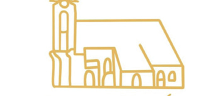 Eine Illustration einer Kirche mit einer goldenen Turmspitze und den Worten '700 Jahre Pfarre im Ort' darunter.