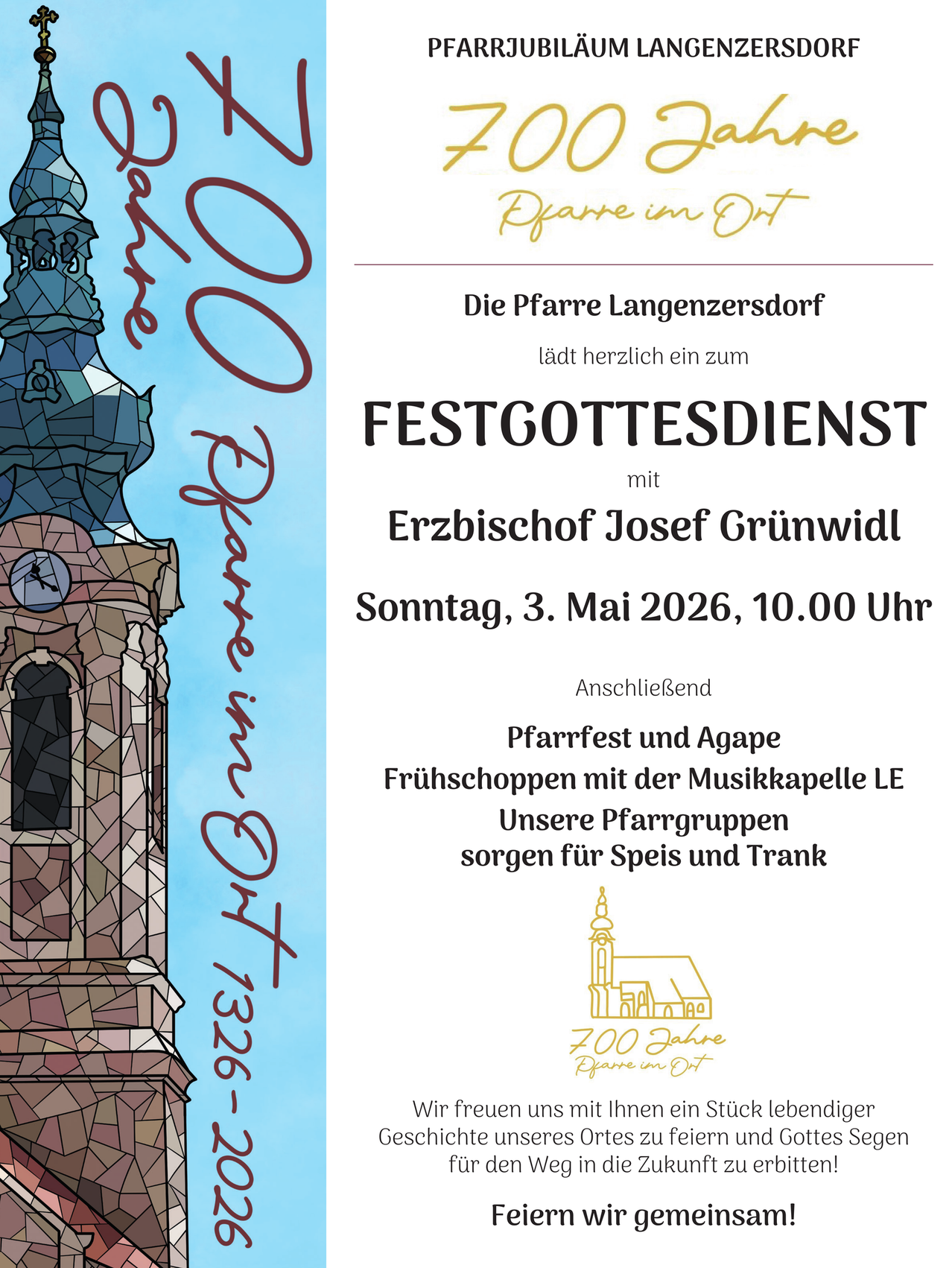 Plakat für die Pfarre Langenzersdorf zum 200-jährigen Jubiläum. Mit einer Kirchenillustration und Informationen über einen Festgottesdienst mit Erzbischof Josef Grünwidl.