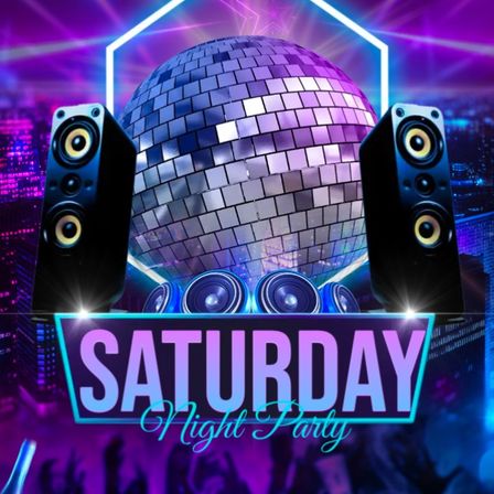 Ein Plakat für eine Samstagabend-Party. Ein Tanzspiegel und Lautsprecher sind prominent mit einer Stadtsilhouette im Hintergrund zu sehen.