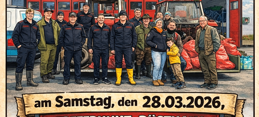 Plakat für die Flurreinigung der FF Oisnitz-Tobisegg. Es zeigt eine Gruppe von Menschen in Uniform vor Traktoren. Der Text erwähnt ein Treffen am Samstag, den 28.03.2026, im Rusthaus.