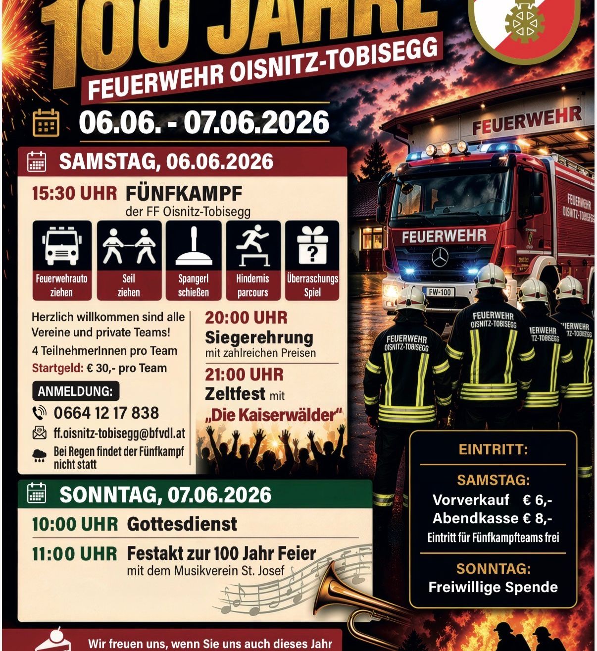 Einladung zur 100-Jahr-Feier der Feuerwehr Oisnitz-Tobisegg vom 6. bis 7. Juni 2026. Aktivitäten umfassen ein Sechser-Tauziehen, ein Hindernisparcours, eine Leiter, ein Sackrennen und ein Spiel des Zufalls.