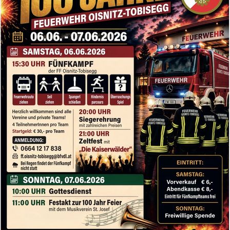 Einladung zur 100-Jahr-Feier der Feuerwehr Oisnitz-Tobisegg vom 6. bis 7. Juni 2026. Aktivitäten umfassen ein Sechser-Tauziehen, ein Hindernisparcours, eine Leiter, ein Sackrennen und ein Spiel des Zufalls.