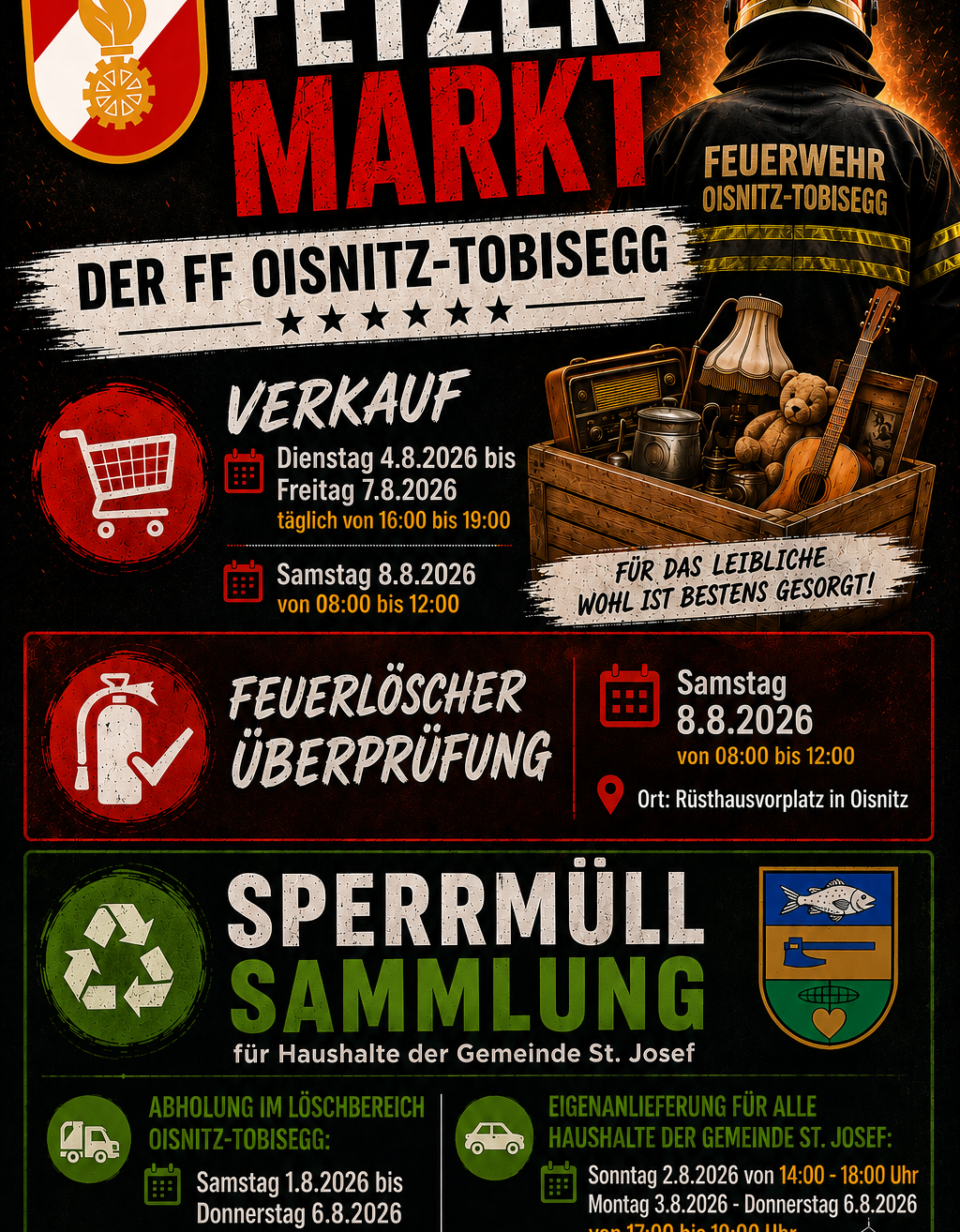 Plakat für FF Oisnitz-Tobisegg mit Verkauf, Feuerlöscherüberprüfung und Recyclingsammlung. Daten und Zeiten für jedes Ereignis sind angegeben.