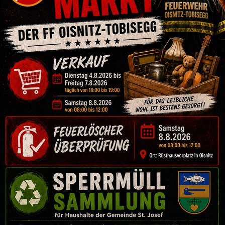 Plakat für FF Oisnitz-Tobisegg mit Verkauf, Feuerlöscherüberprüfung und Recyclingsammlung. Daten und Zeiten für jedes Ereignis sind angegeben.