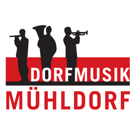 Das Logo für Dorfmusik Mühldorf zeigt drei Musiker in Silhouette, einer spielt Trompete, einer Tuba und einer Flöte, alle auf rotem Hintergrund.