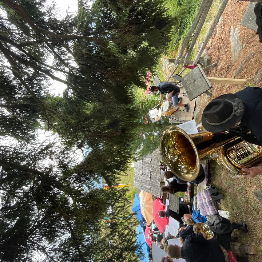 A band is practicing outdoors with a tuba, drums, and other instruments under a tree.
