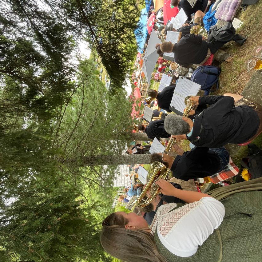 A band is performing in an outdoor setting, with musicians playing brass instruments while seated on the grass. The audience is seated on the ground, and some are standing. Trees provide shade.