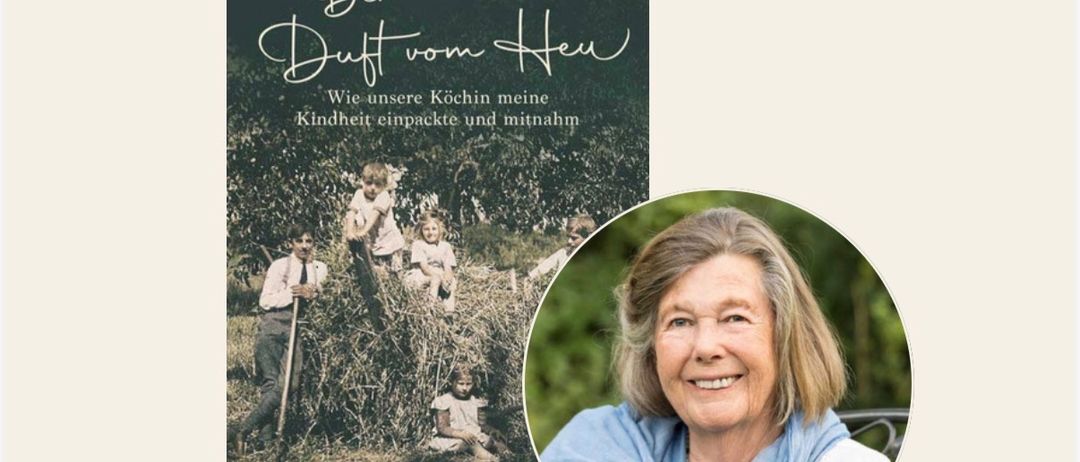 Ein Buchcover mit einer lächelnden Frau und einer Fotocollage von Kindern auf einem Heufeld.