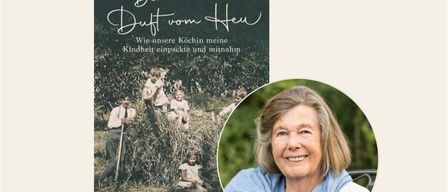 Ein Buchcover mit einer lächelnden Frau und einer Fotocollage von Kindern auf einem Heufeld.