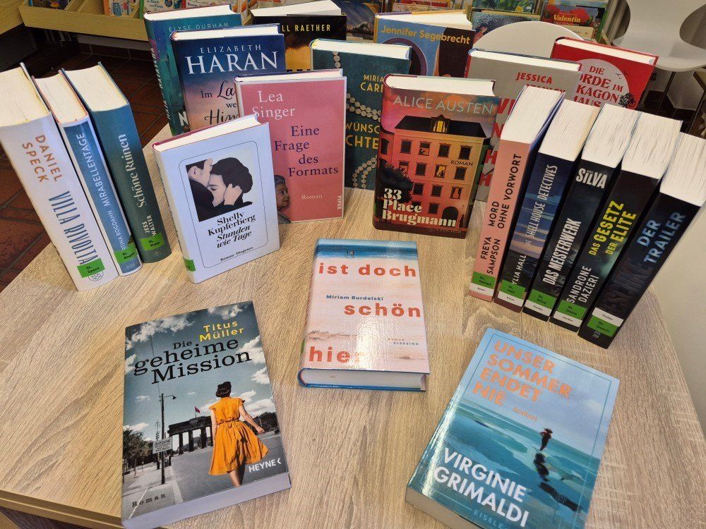 Ein Holztisch zeigt eine Sammlung von Büchern, darunter Titel wie 'Die geheime Mission', 'Alice Austen' und 'Unser Sommer endet nie'. Die Bücher sind in einer Reihe angeordnet, wobei einige Titel dem Betrachter zugewandt und andere abgewandt sind.
