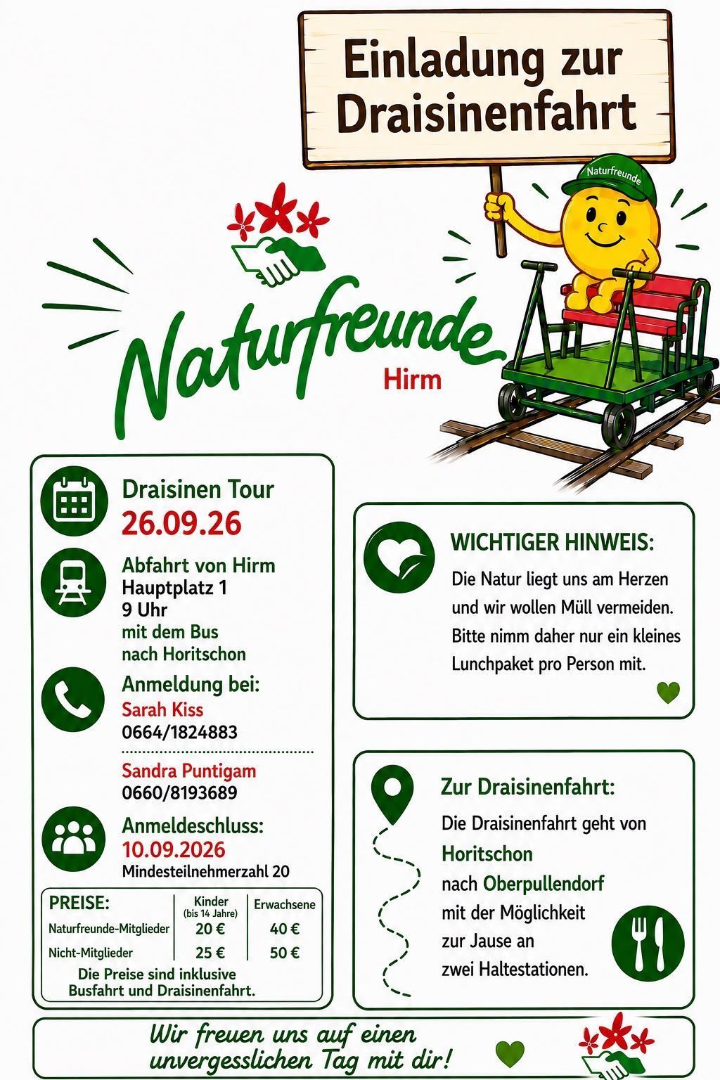 Poster for a draisine tour in Germany. It features a cheerful cartoon character riding a draisine, with details about the tour date, departure time, and contact information. The poster also includes a reminder to bring a small lunch package to avoid littering.