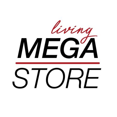 Living Mega Store Logo mit dem Wort leben in Rot und MEGA STORE in Schwarz geschrieben.