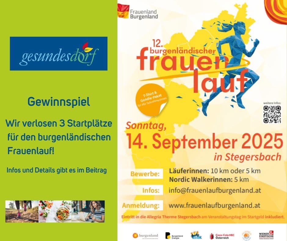 Plakat für einen Frauenlauf in Stegersbach, Deutschland, am 14. September. Läuferinnen können zwischen 10 km oder 5 km wählen. Die Veranstaltung bietet auch eine Nordic-Walking-Option von 5 km. Anmeldung und Informationen sind unter frauenlaufburgenland.at verfügbar.