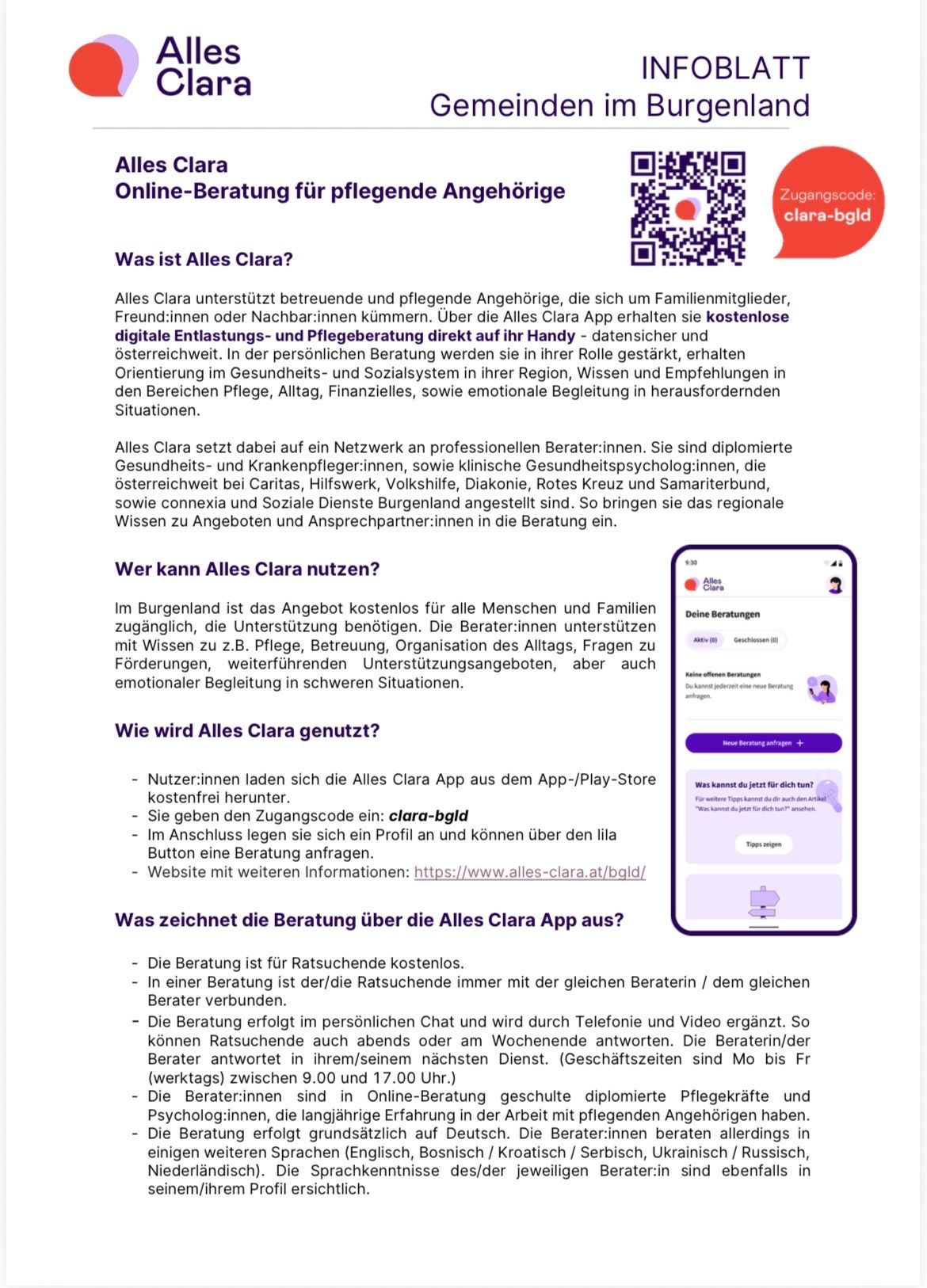 Das Bild zeigt eine Werbung für 'Alles Clara', einen Online-Beratungsdienst für pflegende Angehörige. Er bietet digitale Betreuungs- und Pflegeberatung direkt auf dem Handy an - sicher und österreichweit. Über die Clara-App erhalten sie kostenlose digitale Entlastungs- und Pflegeberatung. Die Beratung erfolgt über ein Netzwerk professioneller Berater:innen, die überregional tätig sind. Die App ist kostenlos und unterstützt verschiedene Bereiche wie Pflege, Finanzen und emotionale Begleitung. Nutzer:innen laden die App herunter, geben den Zugangscode ein, erstellen ein Profil und können dann Beratung anfordern. Die Beratung ist ebenfalls kostenlos und kann per Chat, Telefon oder Video erfolgen. Der Dienst ist in Österreich verfügbar und wird von verschiedenen Gesundheitsdienstleistern unterstützt.