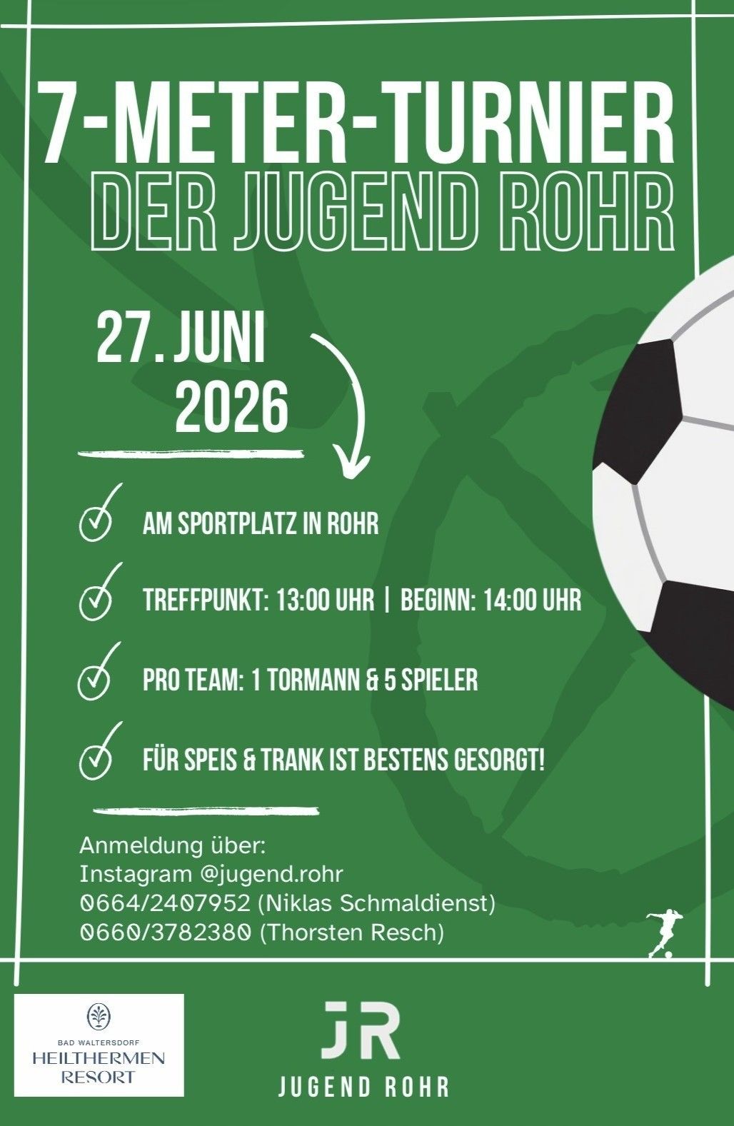 Jugendfußballevent in Ruhr am 27. Juni 2026. Treffpunkt um 13:00 Uhr, Beginn um 14:00 Uhr. Profi-Team mit 1 Torwart und 5 Spielern. Essen und Getränke sind vorhanden. Anmeldung über Instagram.