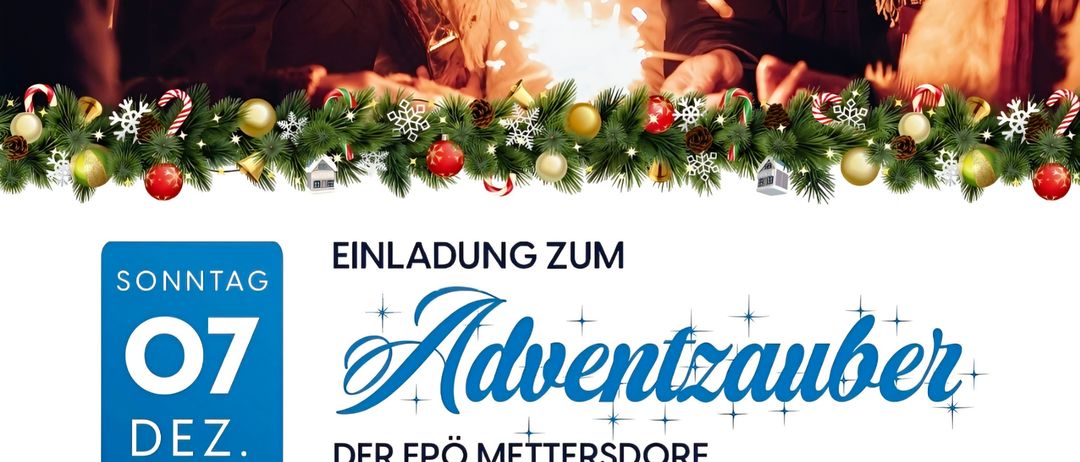 Plakat für Adventzauber-Veranstaltung in Rannersdort mit lächelnden Menschen und Weihnachtsdekoration. Datum: 7. Dezember. Beginn: 14:00 Uhr. Herzerwärmende Getränke und Speisen werden angeboten.