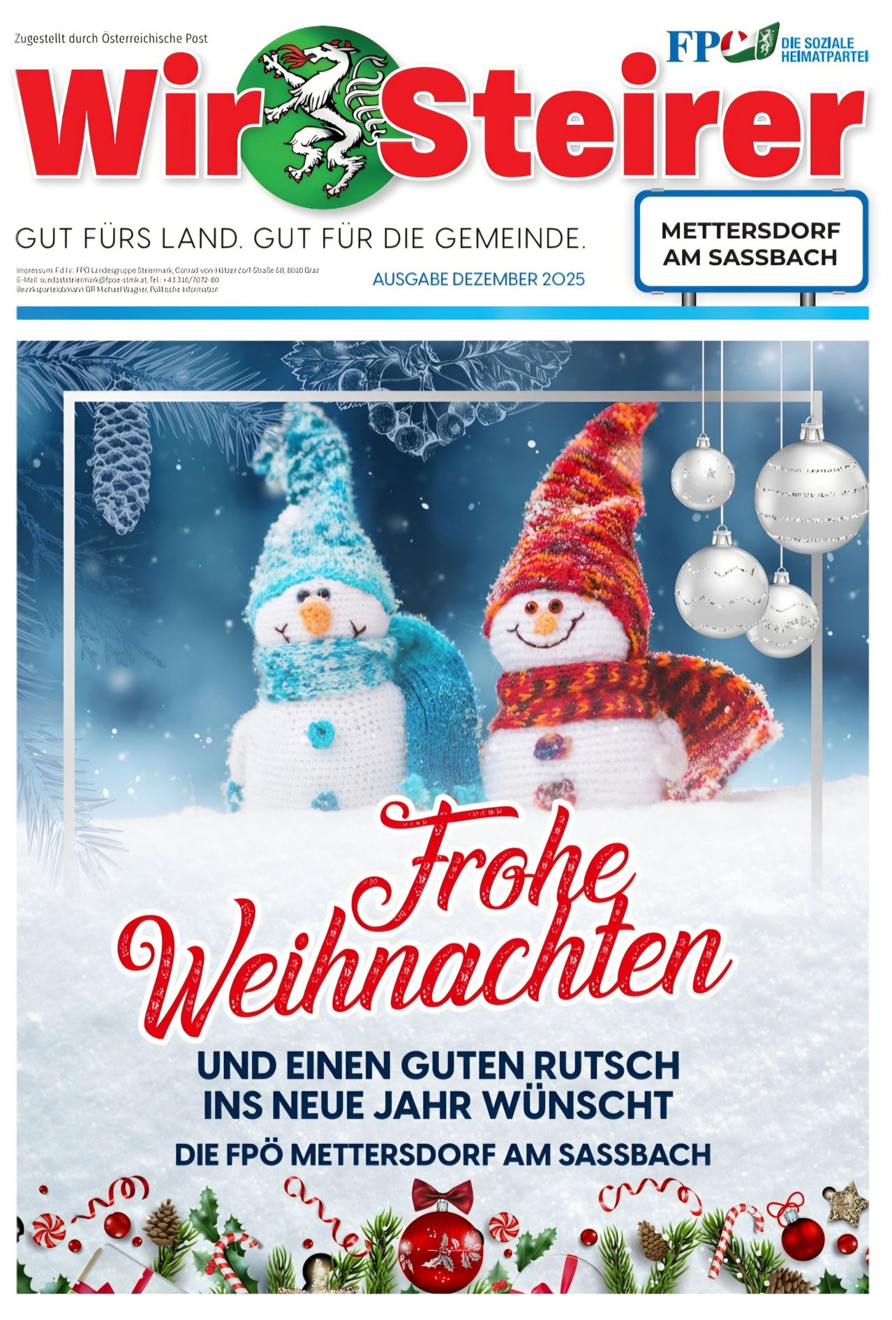 Poster featuring two crocheted snowmen with hats and scarves, set in a snowy landscape. Above them, red text reads 'Frohe Weihnachten'. Below, text wishes a 'Guten Rutsch ins neue Jahr'. Background includes snowflakes and ornaments.