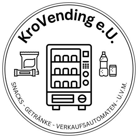 Ein schwarz-weißes Logo für KroVending e.U. zeigt einen Verkaufsautomaten mit Snacks und Getränken. Das Logo enthält den Text KroVending e.U. und listet Snacks, Getränke und Verkaufsautomaten als Dienstleistungen auf.