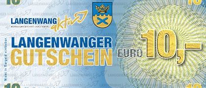 Ein Langenwanger Gutschein mit blauem Hintergrund und gelbem Sonnendesign. Der Gutschein hat die Aufschrift 'LANGENWANGER GUTSCHEIN' und 'EURO 10' in Gelb. Der Gutschein hat einen Wert von 10 Euro.