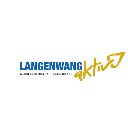 Das Langenwang Aktiv Logo zeigt den Schriftzug Langenwang in Blau, mit Aktiv in Gelb geschrieben und einem gelben Pfeil, der nach rechts zeigt.