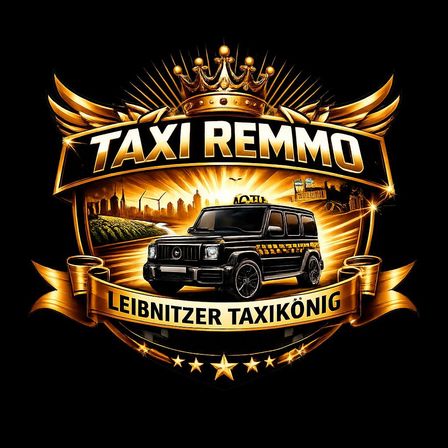Goldenes Emblem von Taxi Remmo, mit einem schwarzen SUV auf der Straße, goldenen Flügeln, einer Krone und goldenen Sternen. Hintergrund zeigt eine Stadtlandschaft und Windräder.