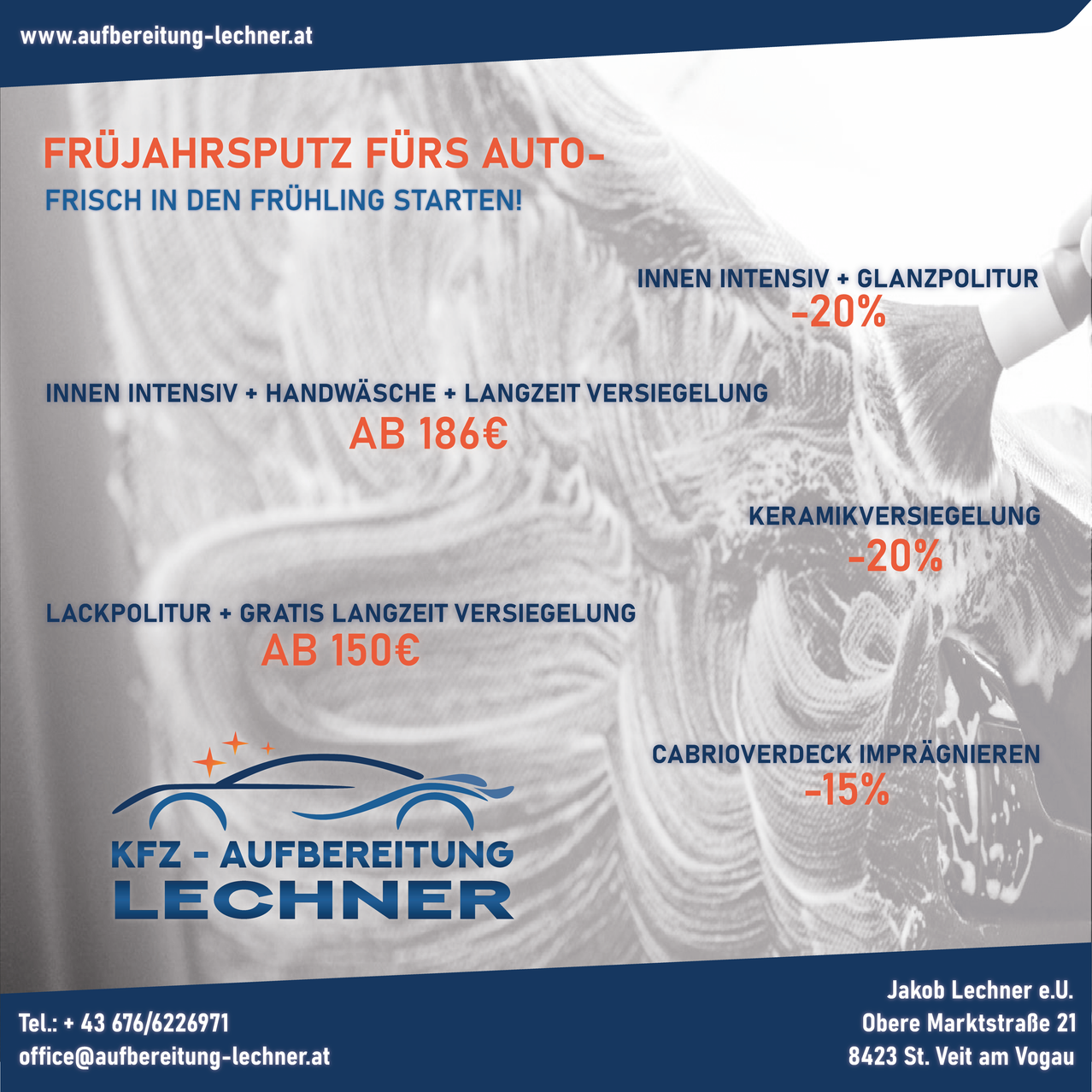 Plakat für den Autowaschservice, das reduzierte Preise für Frühlings-Autopflegeservices anbietet, einschließlich Innenraum-Intensivreinigung, Keramikbeschichtung und Cabriodach-Imprägnierung.