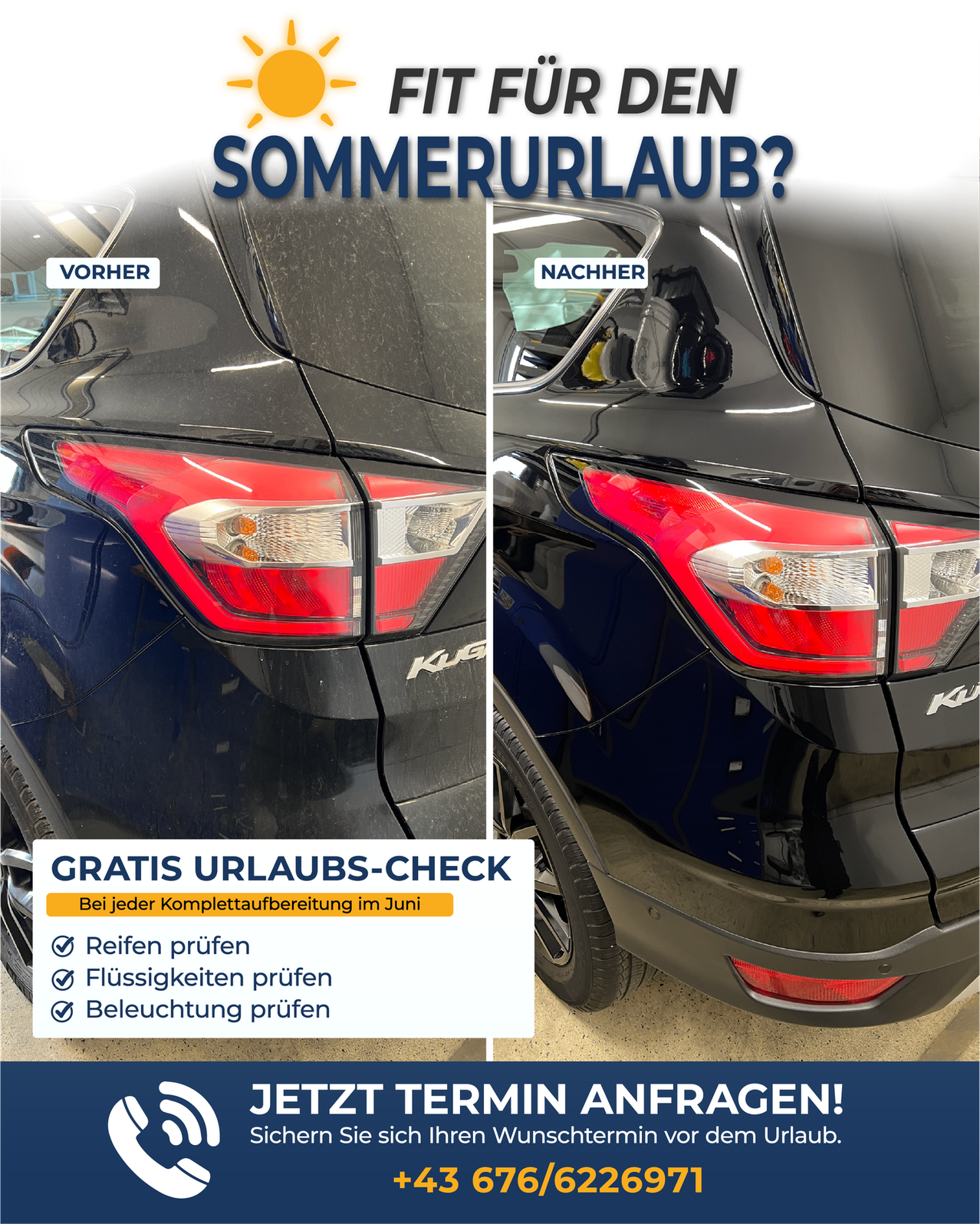 Two images of a car's rear end. Left shows dirty tail lights, right shows clean tail lights. A message reads 'FREE VACATION CHECK' with a list of checks. Below, a call to action 'SCHEDULE NOW!' is present.