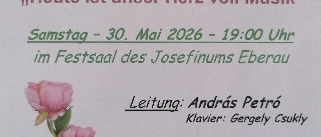 Plakat für die MaiSingen-Veranstaltung. Datum: Samstag, 30. Mai 2026. Zeit: 19:00 Uhr. Ort: Festsaal des Josefinum Eberau. Eintritt: Freier Eintritt.