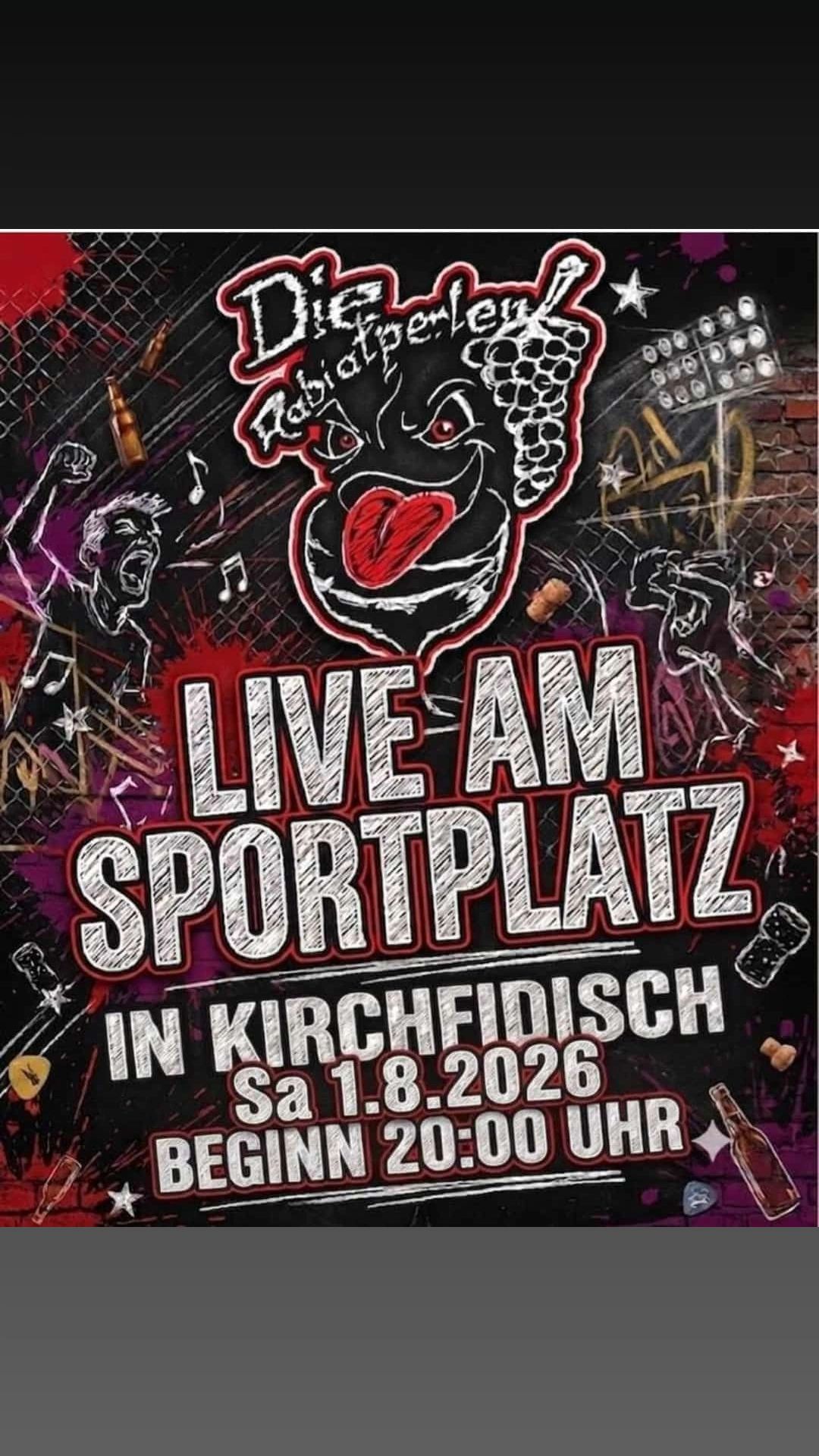 Ein Plakat für eine Live-Veranstaltung am Sportplatz in Kirchfidiisch am 1. August 2026 mit einem Clown-Gesicht und Musiknoten.