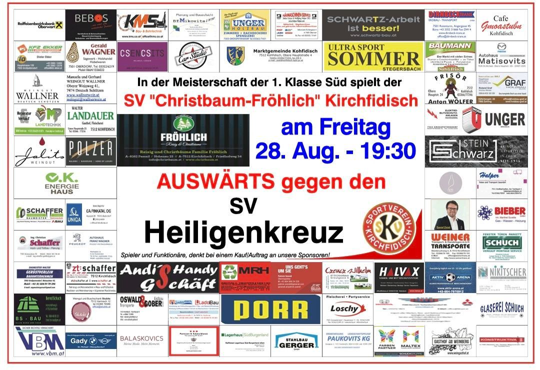 Ein Plakat, das ein Fußballspiel zwischen SV Christbaum-Frolich Kirchfidis und SV Heiligenkreuz am 28. August um 19:30 ankündigt. Das Plakat enthält Logos von Sponsoren und Partnern.