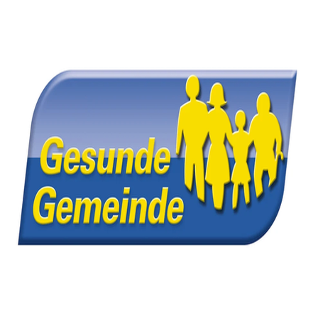 Ein blau-gelbes Logo mit dem Text 'Gesunde Gemeinde' und einer Silhouette einer vierköpfigen Familie.