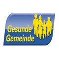 Ein blau-gelbes Logo mit dem Text 'Gesunde Gemeinde' und einer Silhouette einer vierköpfigen Familie.